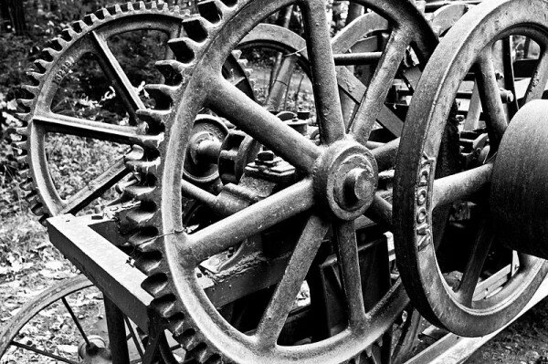 Black and white picture of gear wheels