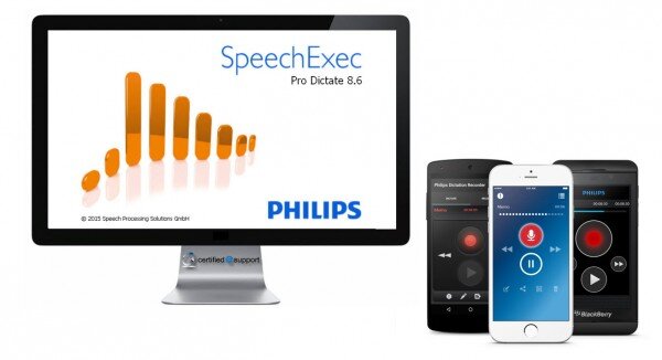 Philips SpeechExec Pro Dictate 8.6 splash and the Philips Dictation app on three smartphones