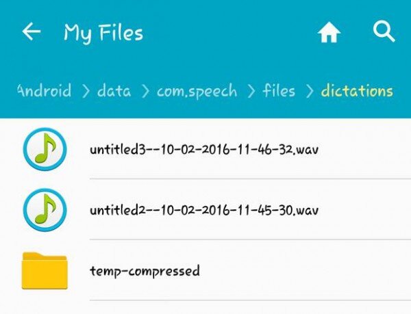 Android smartphone storage - Android > data > com.speech > files > dictations
