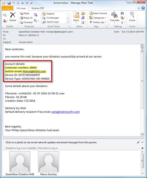 Philips Dictation Hub dictation confirmation email
