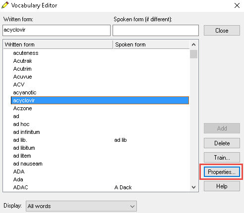 Dragon vocabulary editor window