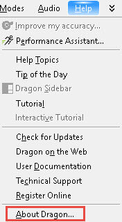 Dragon Medical Practice Edition 2 Help menu - About Dragon