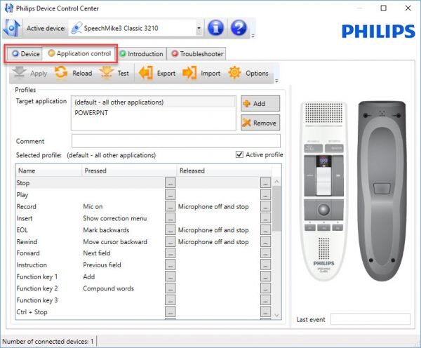 Philips SpeechControl application control tab