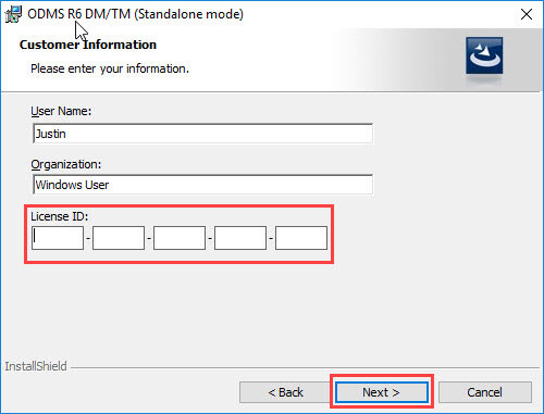 ODMS R6 Installation - License verification screen