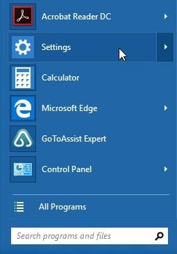 Windows Start menu - Settings