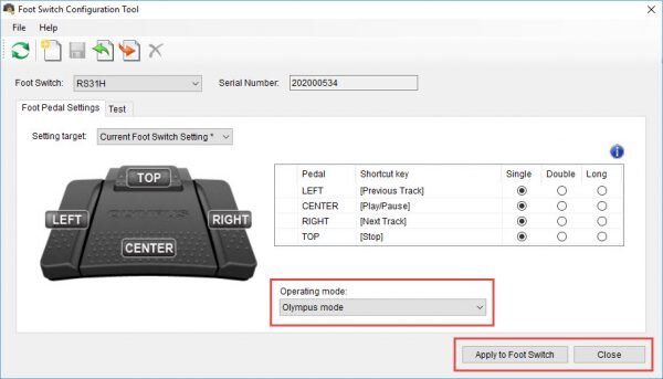 Olympus Foot Switch Configuration Tool - Setting the foot switch back to Olympus Mode