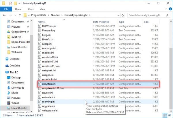 Windows File Explorer - Where to find the Dragon nssystem.ini file